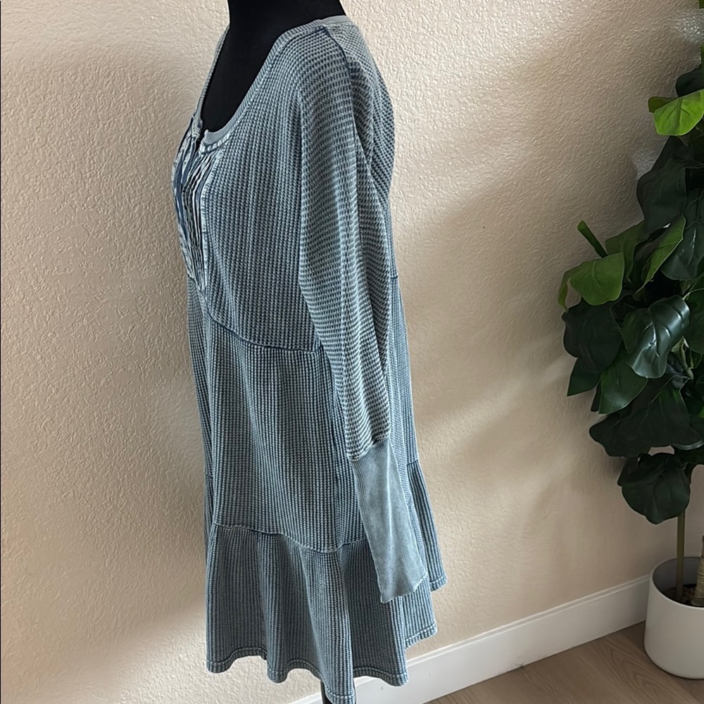 Free People Jolene Waffle Blue Long Sleeve Boho Mini Dress Small Medium XS 0025 - Picture 6 of 9